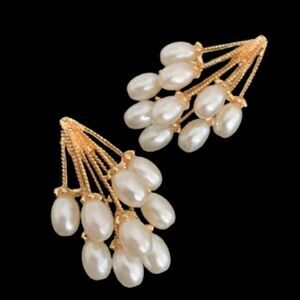 Grape Cluster Faux Pearl Drop Earrings Gold Tone